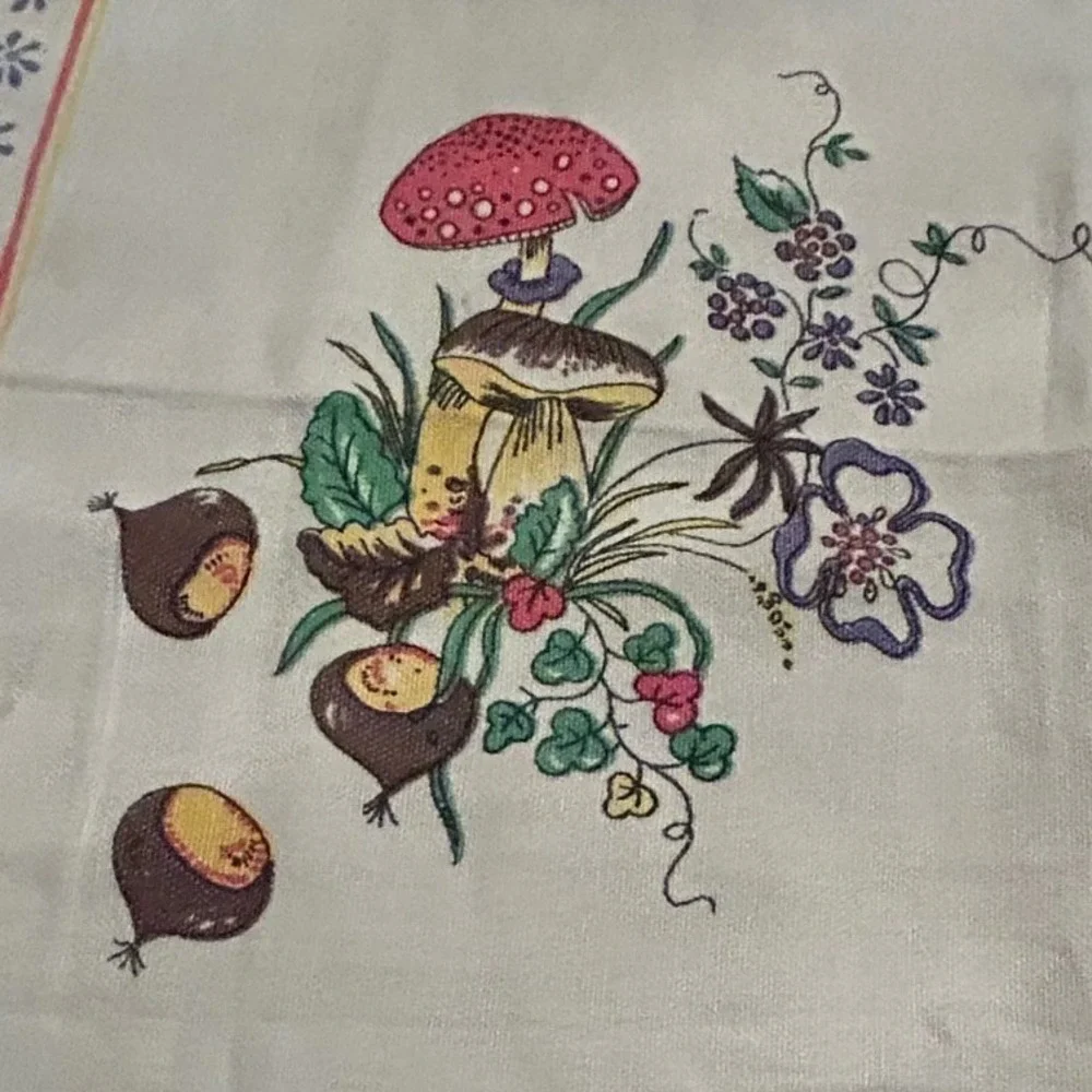 Vintage 80s Tea Towel Mushroom Fruit Botanical Cotton Cottagecore Farmhouse